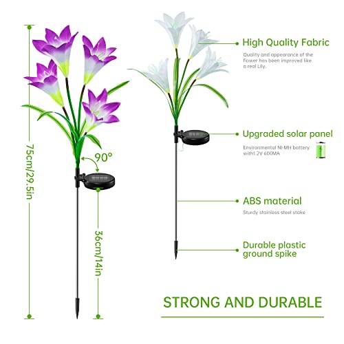 mimigogo Solar Garden Stake Lights,2 Pack Outdoor Waterproof Solar Powered Lights with 8 Lily Flowers, 7 Colors Changing LED Solar Lights for Garden, Patio, Backyard(Purple and White)