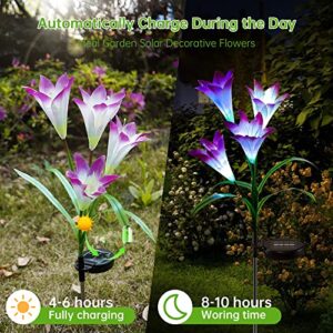 mimigogo Solar Garden Stake Lights,2 Pack Outdoor Waterproof Solar Powered Lights with 8 Lily Flowers, 7 Colors Changing LED Solar Lights for Garden, Patio, Backyard(Purple and White)