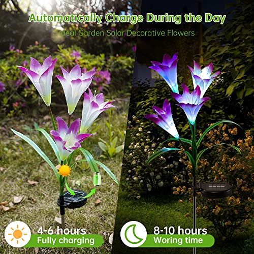 mimigogo Solar Garden Stake Lights,2 Pack Outdoor Waterproof Solar Powered Lights with 8 Lily Flowers, 7 Colors Changing LED Solar Lights for Garden, Patio, Backyard(Purple and White)