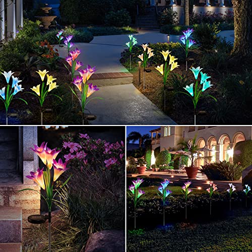 mimigogo Solar Garden Stake Lights,2 Pack Outdoor Waterproof Solar Powered Lights with 8 Lily Flowers, 7 Colors Changing LED Solar Lights for Garden, Patio, Backyard(Purple and White)