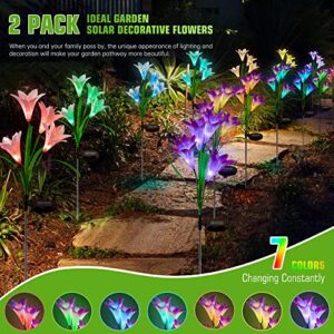 mimigogo Solar Garden Stake Lights,2 Pack Outdoor Waterproof Solar Powered Lights with 8 Lily Flowers, 7 Colors Changing LED Solar Lights for Garden, Patio, Backyard(Purple and White)