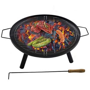 koreyosh fire pit, 21” outdoor patio steel fire pit wood burning bbq grill firepit bowl with round mesh spark screen cover fire poker for backyard garden camping picnic beach park (round w/ grill)