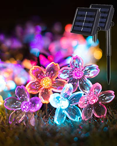 Solar String Lights Flower Garden Lights Outdoor Waterproof Fairy Lights Solar Powered Decorative Cherry Blossom for Camping Outside Balcony Yard Porch Patio Christmas Tree 33ft 50 Led Pack 2