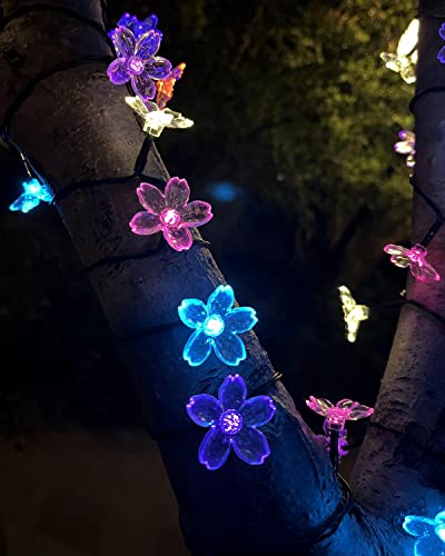 Solar String Lights Flower Garden Lights Outdoor Waterproof Fairy Lights Solar Powered Decorative Cherry Blossom for Camping Outside Balcony Yard Porch Patio Christmas Tree 33ft 50 Led Pack 2