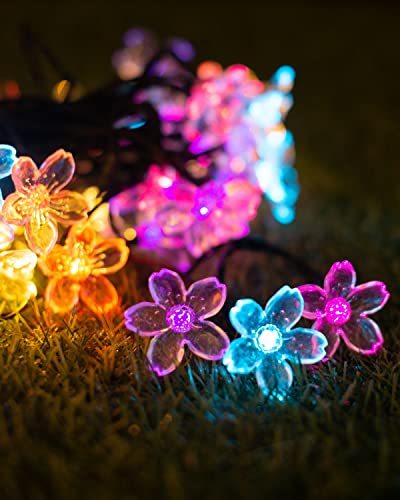 Solar String Lights Flower Garden Lights Outdoor Waterproof Fairy Lights Solar Powered Decorative Cherry Blossom for Camping Outside Balcony Yard Porch Patio Christmas Tree 33ft 50 Led Pack 2