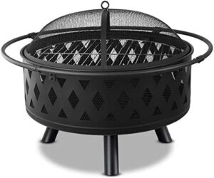 leayan garden fire pit grill bowl grill barbecue rack round large fire pit with protective cover and poker, steel outdoor patio heater, garden and charcoal burner, black,outdoor fire pits