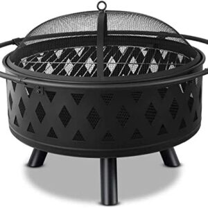 LEAYAN Garden Fire Pit Grill Bowl Grill Barbecue Rack Round Large Fire Pit with Protective Cover and Poker, Steel Outdoor Patio Heater, Garden and Charcoal Burner, Black,Outdoor Fire Pits