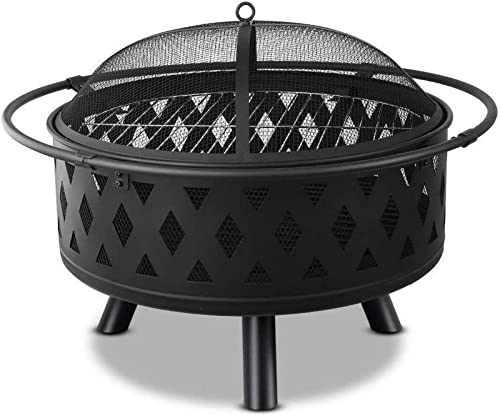 LEAYAN Garden Fire Pit Grill Bowl Grill Barbecue Rack Round Large Fire Pit with Protective Cover and Poker, Steel Outdoor Patio Heater, Garden and Charcoal Burner, Black,Outdoor Fire Pits