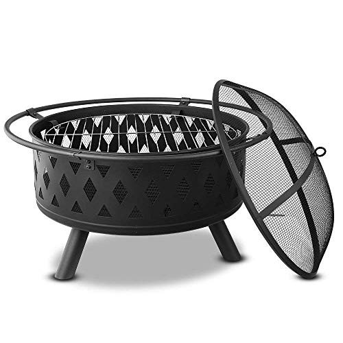 LEAYAN Garden Fire Pit Grill Bowl Grill Barbecue Rack Round Large Fire Pit with Protective Cover and Poker, Steel Outdoor Patio Heater, Garden and Charcoal Burner, Black,Outdoor Fire Pits