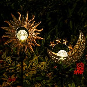 LANNIU Solar Garden Lights, Metal Solar Lights Outdoor Waterproof, Sun and Moon Solar Lights Decorative with Heavy Bulb Base, for Outdoor, Patio, Yard & Garden Decor