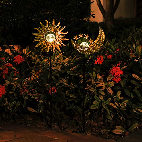 LANNIU Solar Garden Lights, Metal Solar Lights Outdoor Waterproof, Sun and Moon Solar Lights Decorative with Heavy Bulb Base, for Outdoor, Patio, Yard & Garden Decor