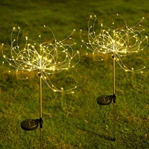 koopower 120 led outdoor solar firework lights, starburst lights with ip65 waterproof and remote control 8 modes, warm white lights for garden backyard parties wedding [2 pack]