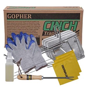 cinch gopher trap with tunnel marking flag, heavy duty reusable rodent trap system, gopher trapping kit for outdoor garden lawn with gardening gloves and tunnel cleaning tool, 3 pack, large