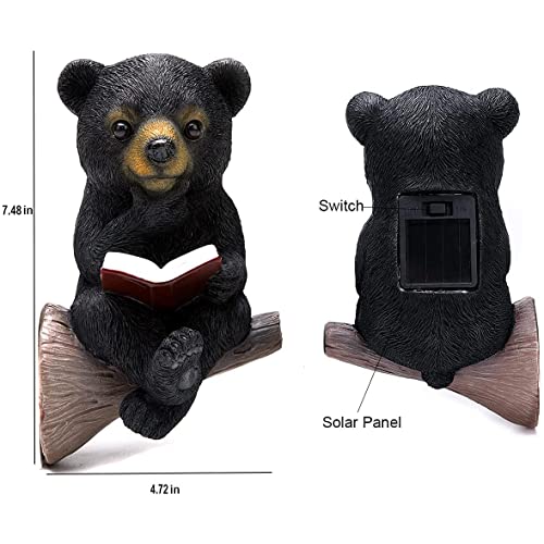 JARPSIRY Sitting Bear Tree Hugger with Solar LED Light, Baby Bear Reading Book Garden Statue, Resin Animal Figurine Outdoor Decor, Yard Art Sculpture for Lawn, Yard, Patio, Porch Ornaments