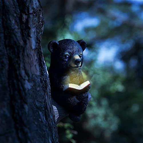 JARPSIRY Sitting Bear Tree Hugger with Solar LED Light, Baby Bear Reading Book Garden Statue, Resin Animal Figurine Outdoor Decor, Yard Art Sculpture for Lawn, Yard, Patio, Porch Ornaments