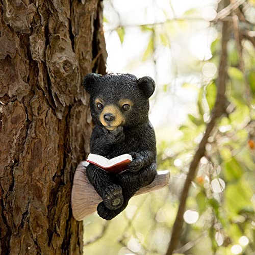 JARPSIRY Sitting Bear Tree Hugger with Solar LED Light, Baby Bear Reading Book Garden Statue, Resin Animal Figurine Outdoor Decor, Yard Art Sculpture for Lawn, Yard, Patio, Porch Ornaments