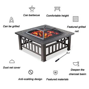 LEAYAN Garden Fire Pit Grill Bowl Grill Barbecue Rack Fire Pit Square Wood Burning fire Pit Table for Outdoor Courtyard Garden Backyard, Outdoor fire Pit, 31 inches