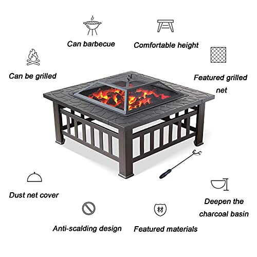 LEAYAN Garden Fire Pit Grill Bowl Grill Barbecue Rack Fire Pit Square Wood Burning fire Pit Table for Outdoor Courtyard Garden Backyard, Outdoor fire Pit, 31 inches