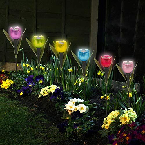 AUSUKY 6 Pcs LED Solar Light Outdoor Garden Tulip Flower Shape Yard Standing Decor Lights (6