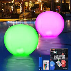 vzzeport floating pool lights, 2 pack 15″ solar pool lights with 16 rgb colors and 4 modes, inflatable and waterproof glow led ball for garden outdoor christmas decorations halloween decor