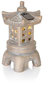 red co. 11” solar-powered led square pagoda lantern asian décor zen garden statue, distressed gold