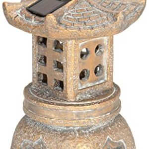 Red Co. 11” Solar-Powered LED Square Pagoda Lantern Asian Décor Zen Garden Statue, Distressed Gold