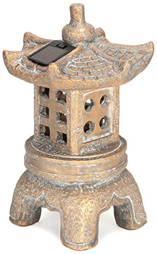 Red Co. 11” Solar-Powered LED Square Pagoda Lantern Asian Décor Zen Garden Statue, Distressed Gold