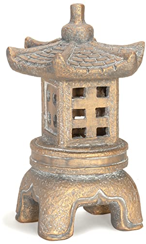 Red Co. 11” Solar-Powered LED Square Pagoda Lantern Asian Décor Zen Garden Statue, Distressed Gold