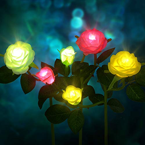 CCJK Solar Flower Lights, Outdoor Decorative Rose Flowers LED Lights,3 Pack Waterproof Solar Stake Lights with 6 Roses Flowers for Garden Yard Patio Lawn Decoration (White, Pink and Yellow)