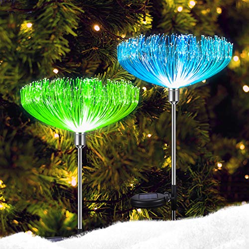 Neporal Solar Garden Lights, 7 Color Changing Solar Lights Outdoor Decorative, IP65 Waterproof Garden Lights Solar Powered, 2 Pack Solar Flower Lights, Fiber Optic for Yard Patio Pathway Decorations