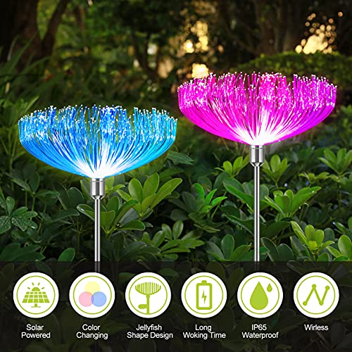 Neporal Solar Garden Lights, 7 Color Changing Solar Lights Outdoor Decorative, IP65 Waterproof Garden Lights Solar Powered, 2 Pack Solar Flower Lights, Fiber Optic for Yard Patio Pathway Decorations