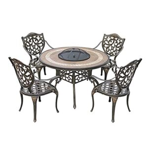qhyxt outdoor fire pit 122cm/48 garden grill table – wood burning fire pit, aluminum round indoor and outdoor table and chair set-with 4 chairs, suitable for garden terrac