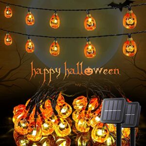 qunlight 2 pack halloween solar string lights outdoor,20ft 30 led pumpkin lantern thanksgiving halloween decorations for ourdoor garden,yard, patio, xmas tree, party, home(pumpkin,2pack)