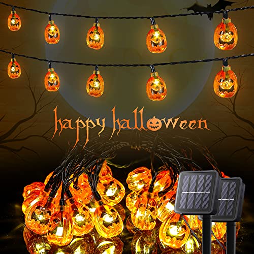 Qunlight 2 Pack Halloween Solar String Lights Outdoor,20ft 30 LED Pumpkin Lantern Thanksgiving Halloween Decorations for Ourdoor Garden,Yard, Patio, Xmas Tree, Party, Home(Pumpkin,2PACK)