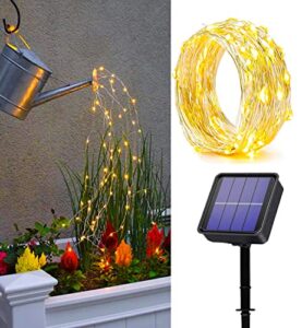 mocalido solar fairy lights outdoor, multi strand 180 leds 8 modes watering can light, waterproof solar powered firefly bunch lights for garden, warm white