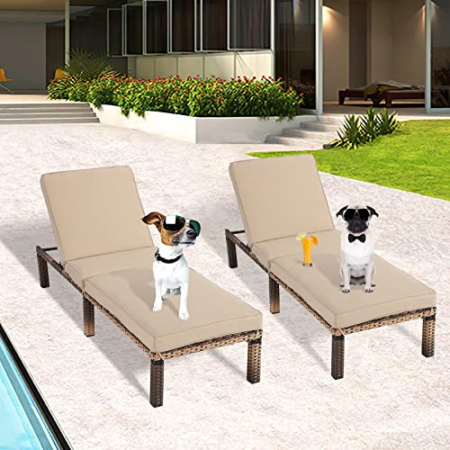 Aoboco Haverchair Patio Furniture Outdoor Rattan Wicker Adjustable Back Chaise Lounge with Removable Cushions for Poolside Set of 2