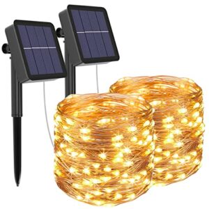 solar string lights outdoor, 2pack 240led total solar powered fairy lights 8 modes garden copper wire waterproof decoration lighting for tree patio christmas camping wedding party(warm white)