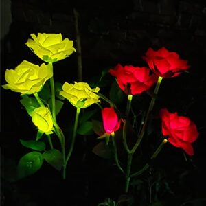 thafikzi solar garden stake lights, 2 pack outdoor solar powered rose led lights with 4 rose flowers, white light waterproof solar decorative led lights for garden, patio, backyard (yellow)