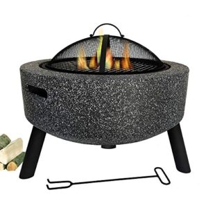 outdoor fire pits round bowl, portable bbq firebowl with mesh screen cover and poker, for backyard garden camping bonfire patio ,black