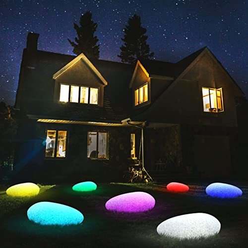 uuffoo Solar Garden Lights Outside Solar Lights Color-Changing with Remote Control Waterproof Glowing Cobblestone Shape Night Light for Garden Patio Lawn Pool Party(40 * 16CM)