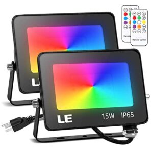 led flood lights outdoor 15w, rgb color changing lighting with remote, ip65 waterproof, dimmable plug in outdoor floodlights for garden, yard, party and patio, 2 pack