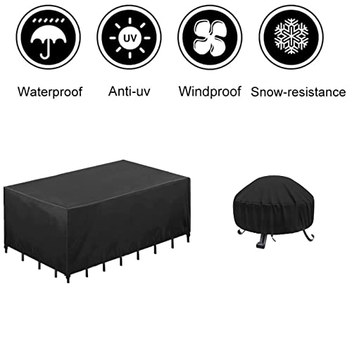 Patio Furniture Set Cover 95" L x 64" W x 39" H and Round Fire Pit Cover 30"x12", Heavy Duty Outdoor Full Coverage Patio Cover, Waterproof, Windproof, Dustproof and Anti UV, Suitable for All Seasons