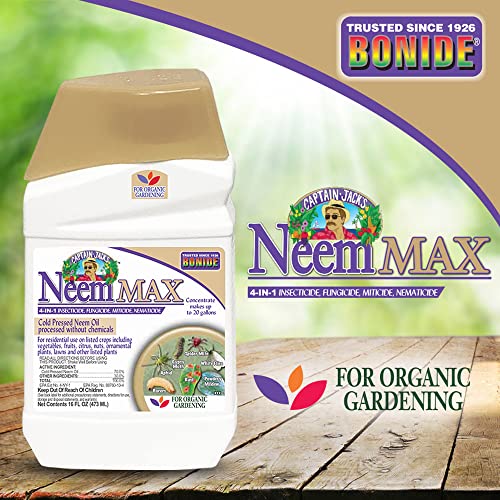 Bonide Captain Jack's Neem Max, 16 oz Concentrated Cold Pressed Neem Oil, Multi-Purpose Insecticide, Fungicide, Miticide, and Nematicide for Organic Gardening