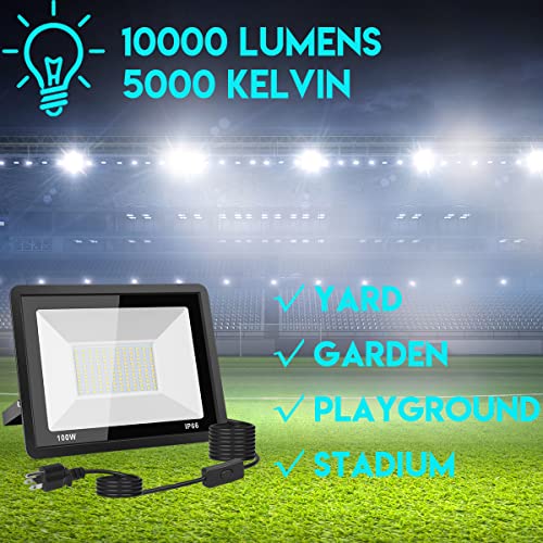 2-Pack 100W LED Flood Light Outdoor,10000LM LED Work Light with Plug and Switch,IP66 Waterproof Exterior Security Lights,5000K Daylight White Outdoor Floodlights for Yard,Garden,Playground,Stadium.