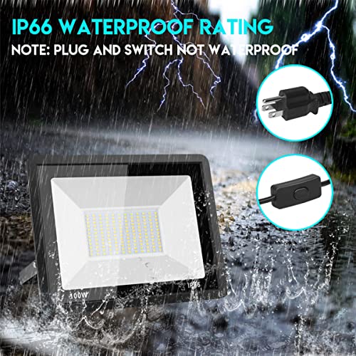 2-Pack 100W LED Flood Light Outdoor,10000LM LED Work Light with Plug and Switch,IP66 Waterproof Exterior Security Lights,5000K Daylight White Outdoor Floodlights for Yard,Garden,Playground,Stadium.