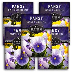 survival garden seeds – swiss giant mix pansy seed for planting – 5 packs with instructions to plant and grow beautiful and edible pansies in your home vegetable garden – non-gmo heirloom variety