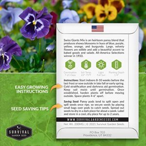 Survival Garden Seeds - Swiss Giant Mix Pansy Seed for Planting - 5 Packs with Instructions to Plant and Grow Beautiful and Edible Pansies in Your Home Vegetable Garden - Non-GMO Heirloom Variety