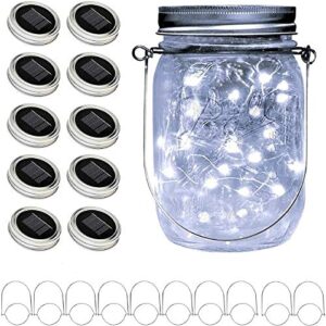 angmln upgraded solar mason jar lid lights, 10 pack 30 led fairy star firefly string lids lights including (10 pcs hangers),for wedding patio garden party decorations (no jars)