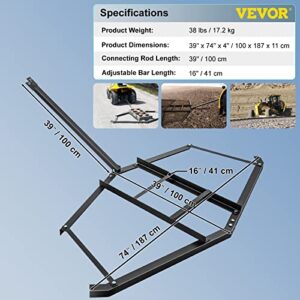 VEVOR Driveway Drag 74'' Width, Tow Behind Drag Harrow 39'' Length, 4'' Height, Driveway Tractor Harrow with 2 Adjustable Bars, Heavy Duty Steel, Driveway Grader for ATV, UTV, Garden Lawn Tractors