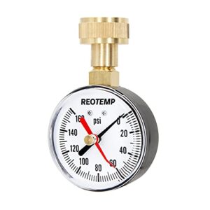 reotemp pd25h 2.5″ home water pressure test gauge with max pointer, 0-160 psi, 3/4″ female garden hose thread, hose bib gauge